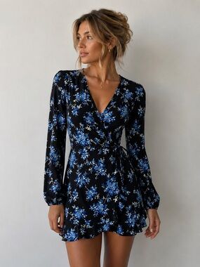 Chic Floral Long Sleeve Dress in Black and Blue